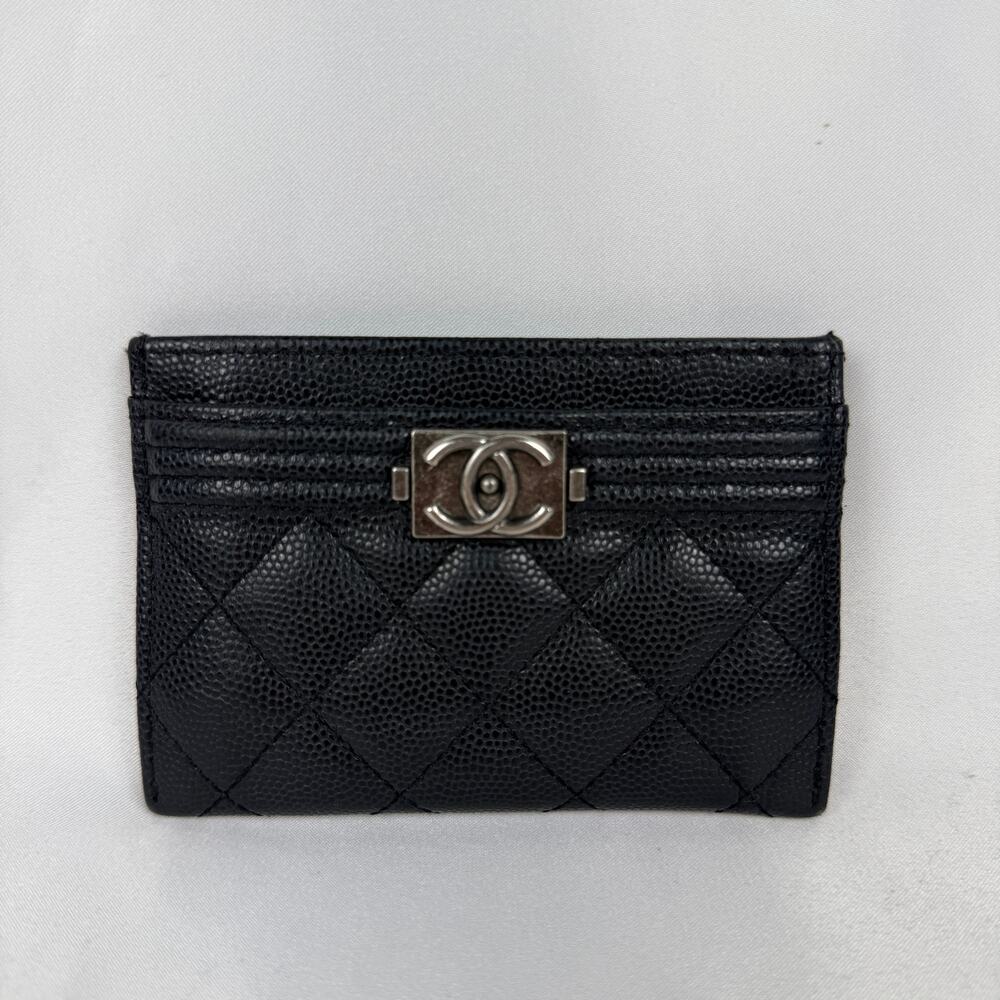 Chanel Boy Card Holder Black Caviar Leather Silver Hardware CC Logo Wallet